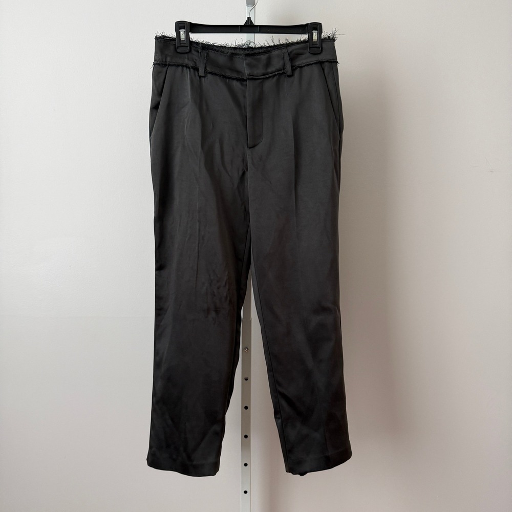 Zara‎ S Black Satin Frayed Waist Tapered Ankle Pants Preppy Classic Minimalist